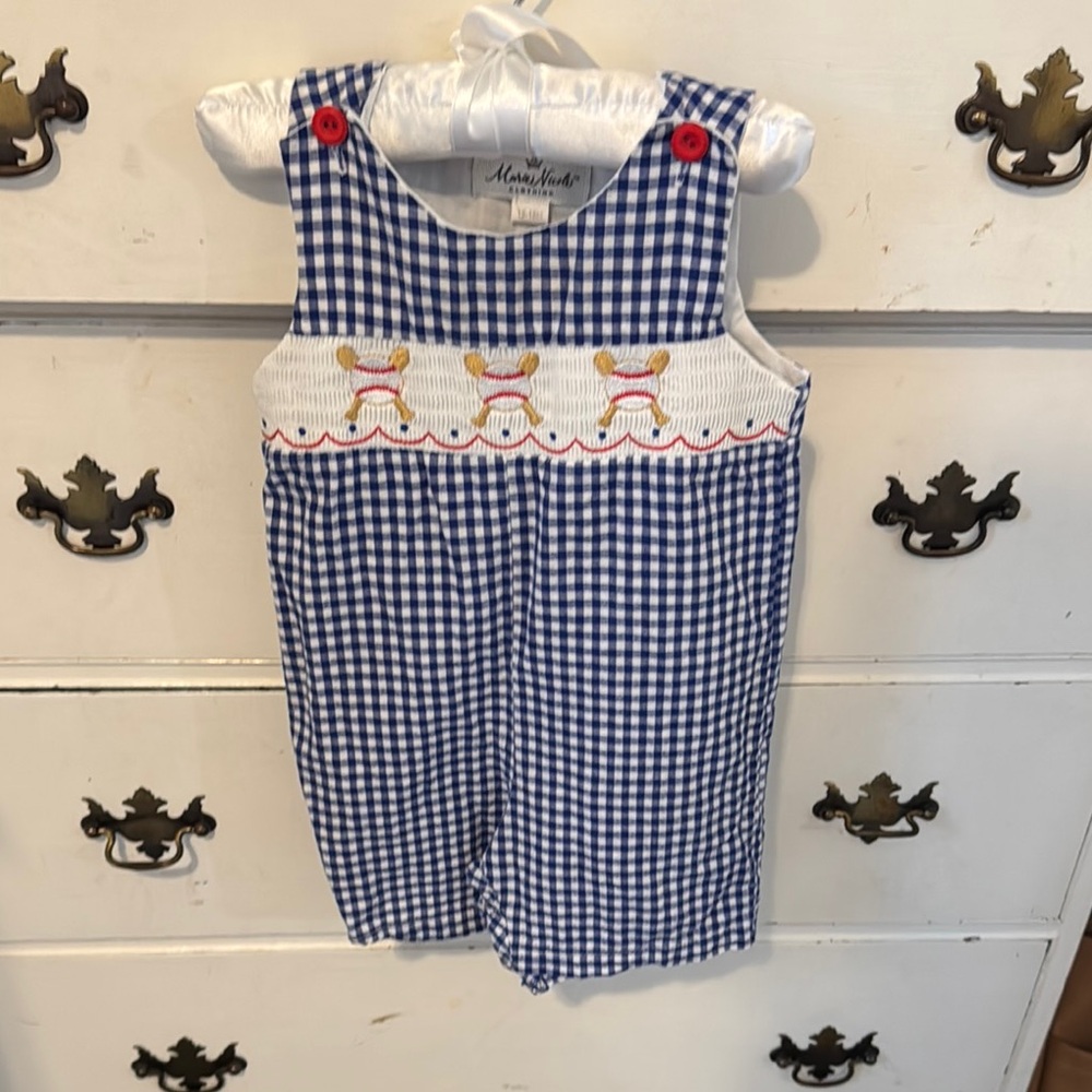 Blue Gingham Baby Romper with Embroidery